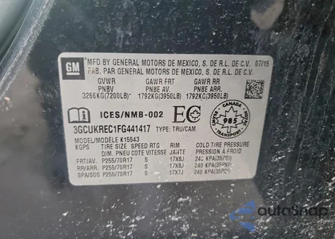 2015 Chevrolet Silverado K1500 Lt z USA, uszkodzony, nr VIN 3GCUKREC1FG441417